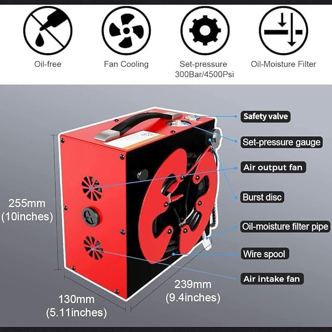 GX PUMP GX-E-CS3 PCP Air Compressor, Auto-Stop,Oil-Free, Built-in Water-Oil Separator Filter, Powered by Car 12V DC or Home 110V AC w/Converter,4500Psi/30Mpa,Paintball Air Compressor Pump
