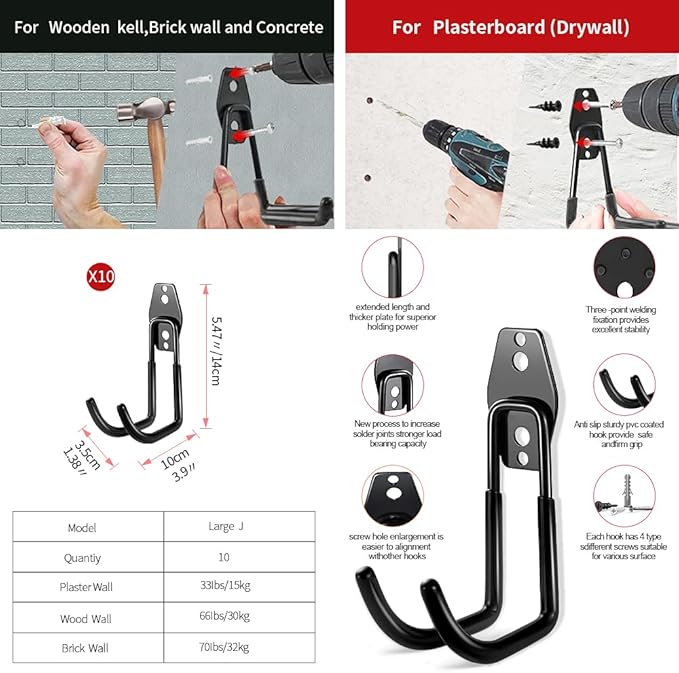 3-H Garage Wall Hooks 10 Pack,Garage Hooks Heavy Duty,Garage Storage Hooks for Hanging and Organizing Garden,Lawn,Yard Tools,Chairs,Ladders,Weed Eater,Shovel,Blower(Black)