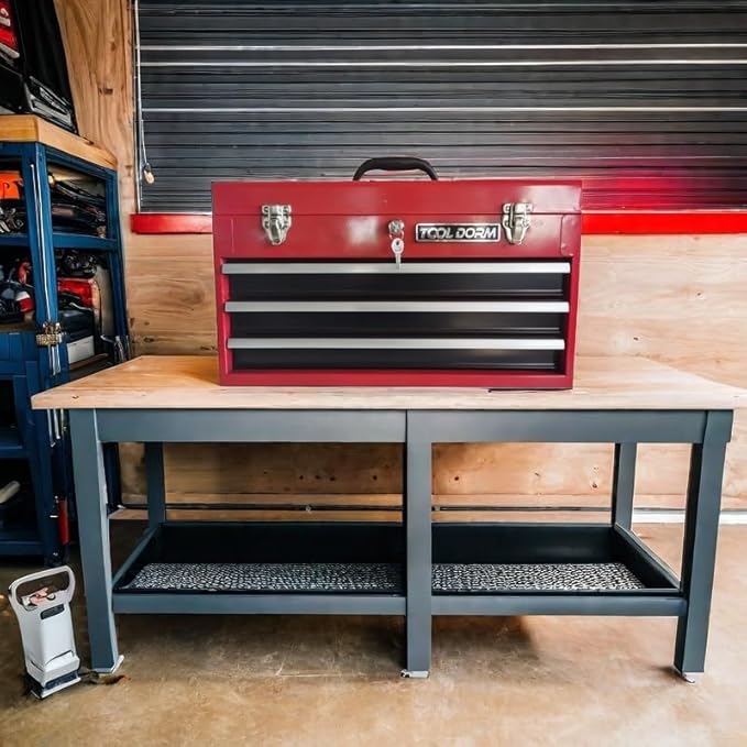 20.3“ Metal Tool Box with Drawer Portable Steel Tool Box with Protective Liner and Latch Closure and Lock for Garage, Home and Warehouse (Red & Black-3 Drawers)