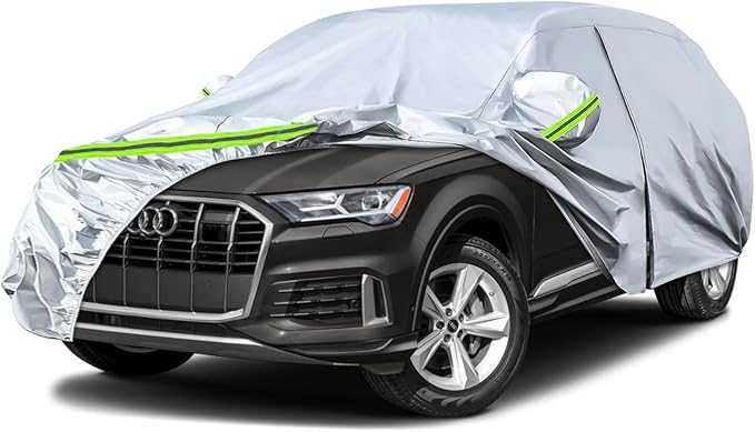Waterproof Car Covers Replace for 2006-2025 Audi Q7/SQ7, 6 Layers Silver All Weather Custom-fit Car Cover with Zipper Door & Windproof Bands for Snow Rain Dust Hail Protection