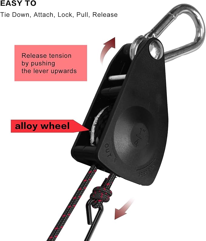 Rope Tie Downs, 1/4" (6mm) Adjustable Ratchet Straps(2pcs, 12ft/Pack), Rope Pulley System for Kayak Fixation, Freight Transportation, Trucks, Tents, Hanging Plants and Various Tie-Down Uses
