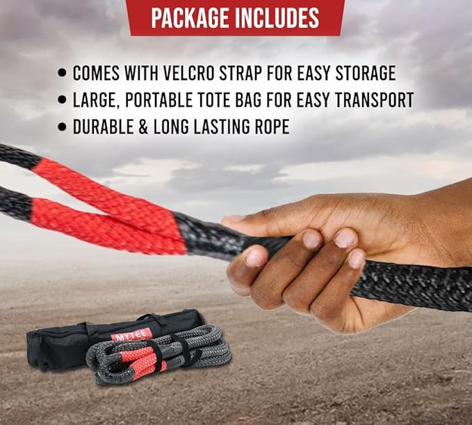 Mytee Products 7/8" x30' Kinetic Recovery Rope w/Velcro Strap & Tote Bag - 28,600 LBS Red & Black - Heavy Duty Kinetic Energy Tow Rope - Offroad Snatch Strap for Truck, SUV, UTV, ATV, Car, Tractor