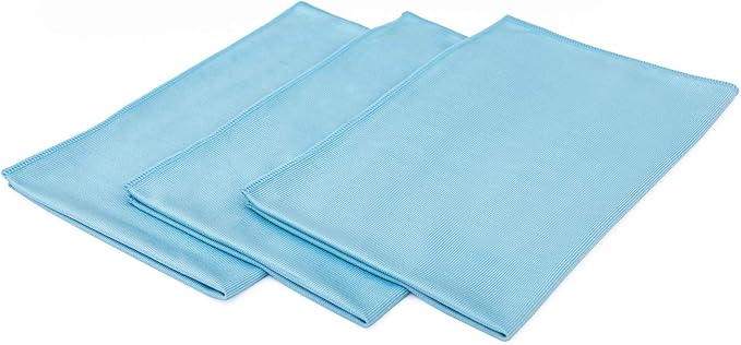 The Rag Company - Premium Window, Glass, Mirror & Chrome Detailing Towels - Professional Korean 70/30 Microfiber Blend, Lint-Free, Streak-Free, 350gsm, 16in. x 24in, Light Blue (3-Pack)