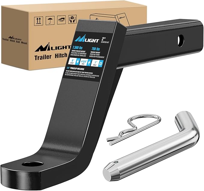 Nilight Trailer Hitch Ball Mount with 5/8" Hitch Pin Clip Fits 2 Inch Receiver Square 7500 lbs 6" Drop 4-3/4” Rise 1” Hole Gloss Black Powder Coat