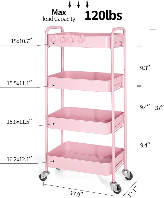 TOOLF 4-Tier Rolling Cart - Metal Storage Organizer with Lockable Wheels, 44 lbs Per Shelf Capacity, Tool-Free Assembly, for Kitchen Bathroom Office Laundry Room Nursery, Pink