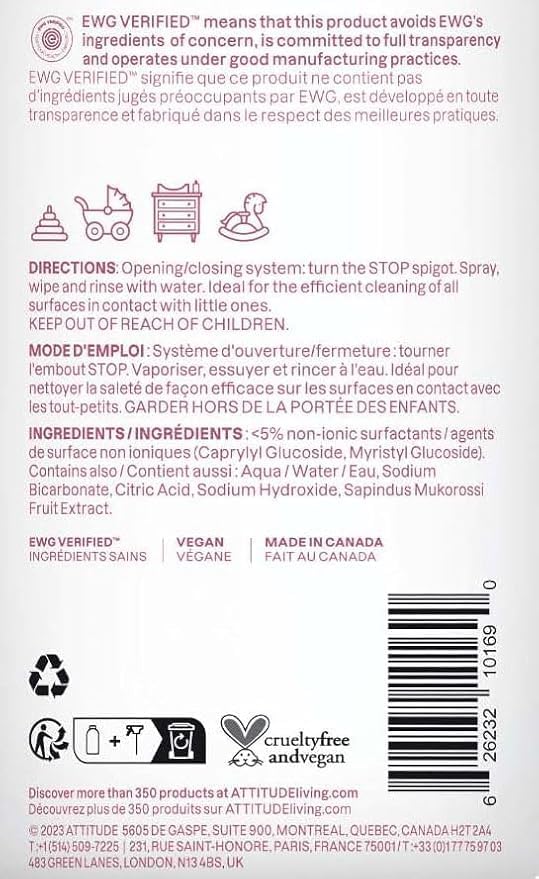 ATTITUDE Baby & Kids Toy Cleaner Spray, EWG Verified, Multi-Surface Cleaner for Toys, High Chairs & Play Areas, Naturally Derived, Vegan, Unscented, 27.1 Fl Oz
