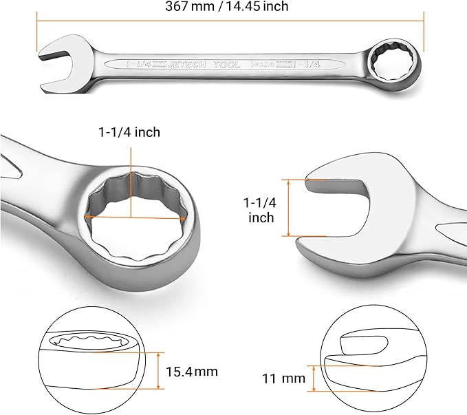 Jetech 1-1/4 Inch Combination Wrench - Industrial Grade Spanner with 12-Point Design, 15-Degree Offset, Made with Durable Chrome Vanadium Steel in Sand Blasted Finish, Forged, Heat-Treated, SAE