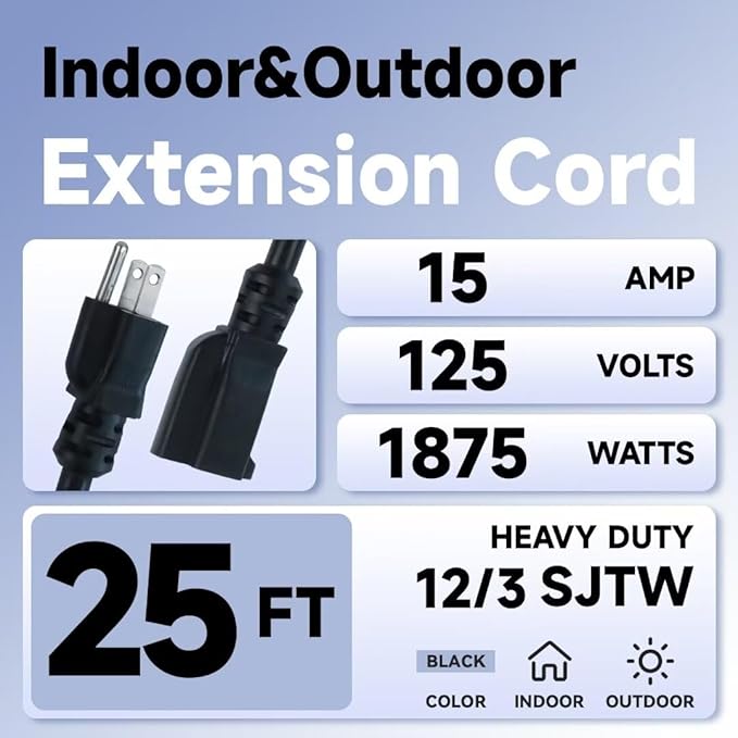 Indoor Outdoor Extension Cord, 12 Gauge 3 Prong Weatherproof Heavy Duty Black Extension Cords, 12/3 SJTW 15A 25 FT Extension Cable for Garage, Garden and Home, UL Listed