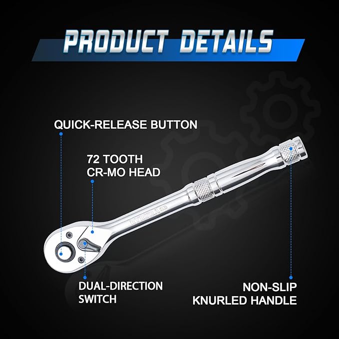 3/8 Inch Drive Ratchet Wrench,Standard Socket Wrench,72-Tooth Quick Release,Reversible Ratcheting Feature with Metal Handle