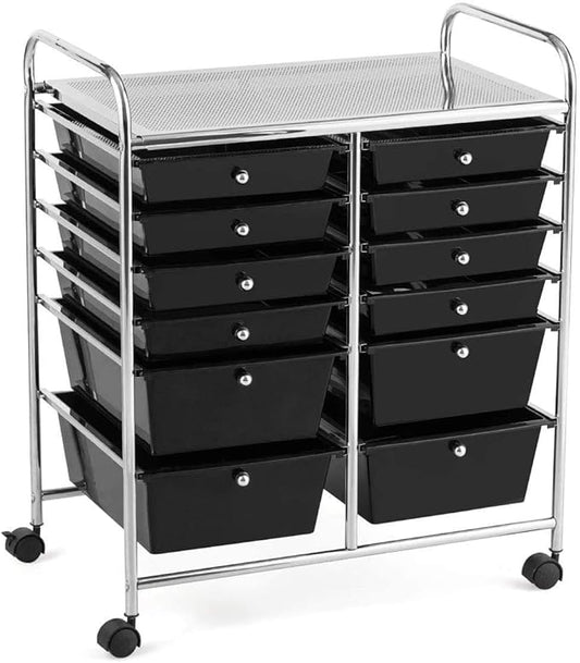 12-Drawer Rolling Storage Cart, Utility Cart Storage Shelves with 4 Universal Wheels, Tools Scrapbook Paper Organizer, Ideal for Home Kitchen Office Organizing (Black)