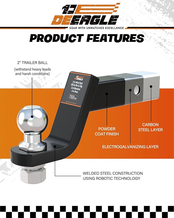 DEEAGLE 2 in Ball Hitch with Pin, Heavy Duty Steel Receiver Hitch, Fits 2 in Receiver, 7500lbs, 4 in Drop
