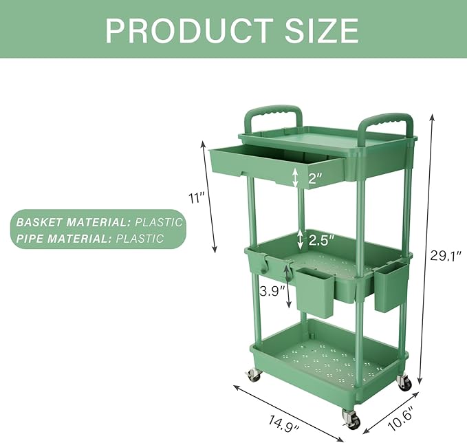 REBECAT 3 Tier Rolling Utility Cart with Drawer,Rolling Storage Cart,Storage Cart for Kitchen,Bathroom,Living Room, Organizer with Iron Wheels(Green)