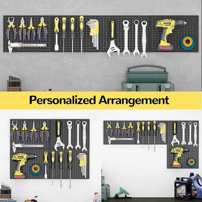 74PCS Pegboard Wall Organizer, 4 Pack Metal Pegboard Panels with 70 Hooks, 32" x 24" or 64" x 12" Black Peg Board for Walls, Garage, Craft Room, Cold-Rolled Steel