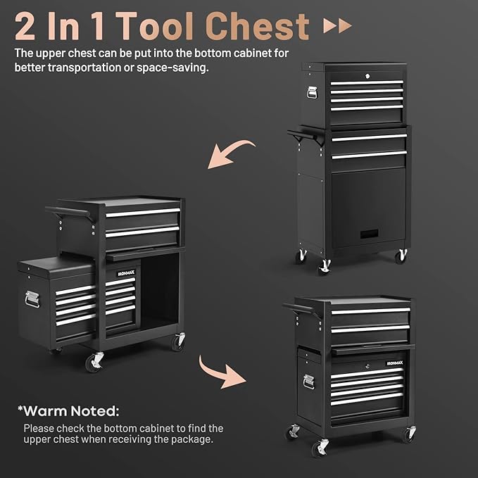 ERGOMASTER Rolling Tool Chest and Cabinet with 6-Drawers - Includes 4-Drawers Removable Top Box, 2-Drawer Capacity Tool Storage, Wheels and Locking System for Convenient and Safe Tool Storage-Black