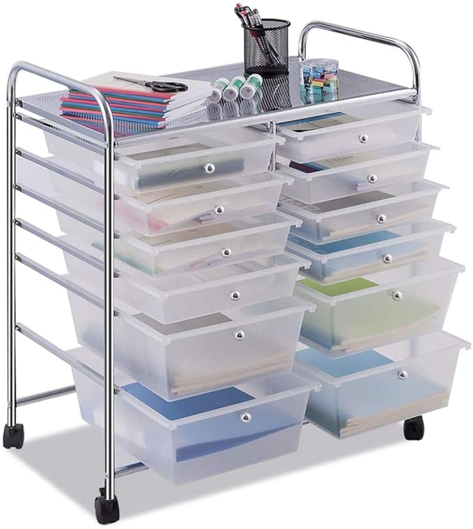 12-Drawer Rolling Storage Cart, Utility Cart Storage Shelves with 4 Universal Wheels, Tools Scrapbook Paper Organizer, Ideal for Home Kitchen Office Organizing (Transparent)