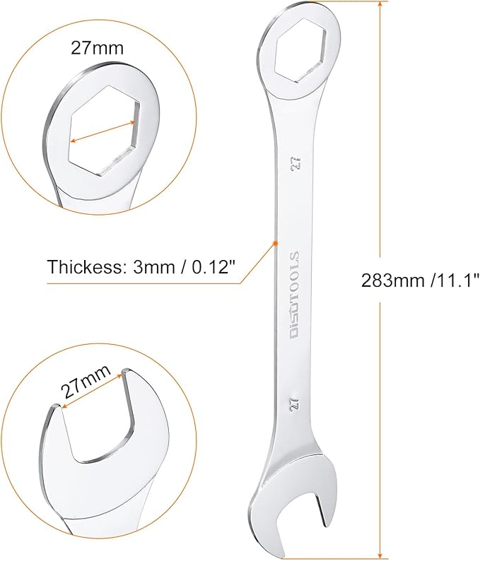 HARFINGTON Thin Combination Wrench Metric 27mm 6-Point Ended Box 15 Degree Offset Open End CR-V Chrome Plated Steel, Silver