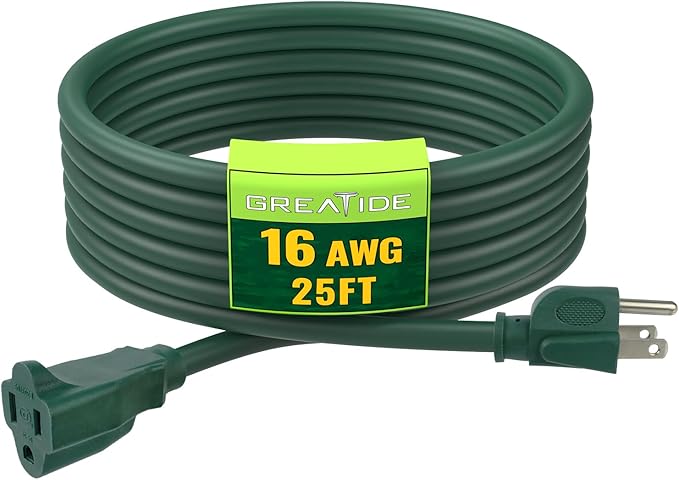 Indoor Outdoor Extension Cord 25 FT, 16/3 SJTW Weatherproof Green Electrical Cords, 13 AMP Heavy Duty 3 Prong Power Cable Great for Garden, Landscaping & Holiday Decorations