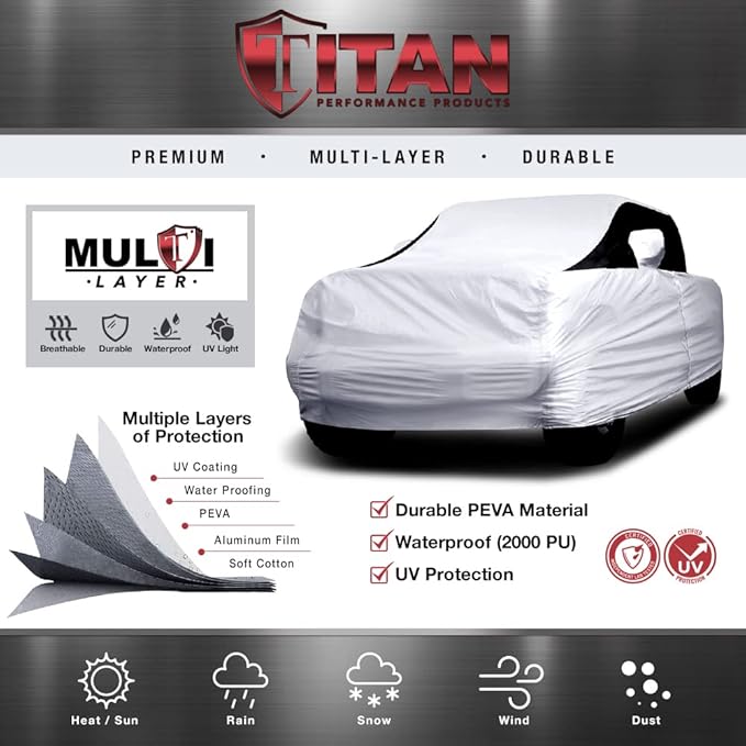 Titan Premium Multi-Layer PEVA Car Cover for Gladiator Pick-up Trucks 218". Waterproof, UV Protection, Anti-Scratch Protective Lining, Driver-Side Zippered Opening. Fits Gladiator Pickup Trucks.