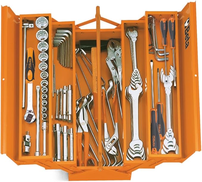 Beta C20 5-Section Cantilever Metal Tool Box | Heavy-Duty Steel Construction, Lockable, 18” Portable Tool Storage with Fold-Down Handle | Orange, 55 lb Capacity