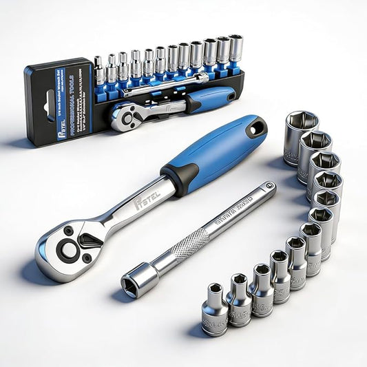 14 Pieces Socket Wrench Kit, 1/4” Drive Socket Set with 72 Teeth Release Ratchet Wrench and Extension Bar, CR-V Sockets
