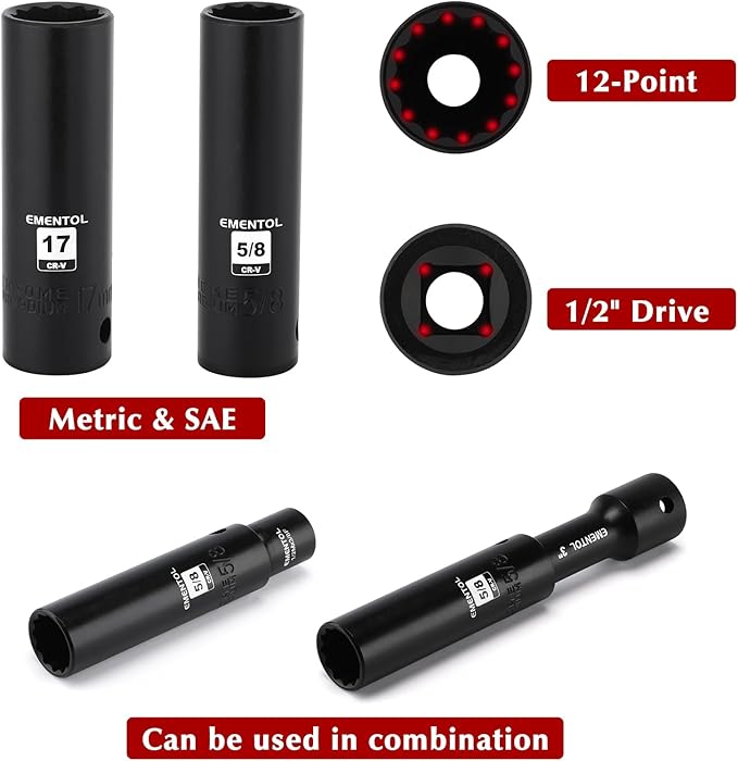 EMENTOL 32PCS 1/2" Drive Socket Set, Deep Impact Sockets, SAE(3/8"-1") and Metric(10-24mm), Including Extension Bars, Universal Joint, Drill&Socket Adapter, 12 Point Design, Cr-V Steel