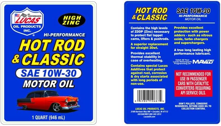 Lucas Oil 10687 Hot Rod & Classic Car SAE 10W-30 Motor Oil - 1 Quart (Pack of 6)