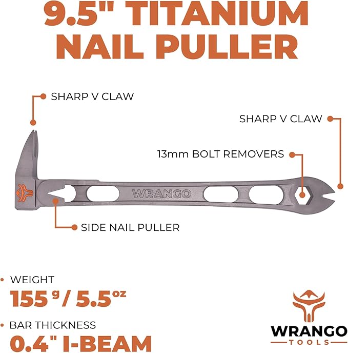 Wrango Tools 9.5" Titanium Nail Puller Cats Paw Pry Bar - 45% Lighter Than Steel - Side Nail Puller - 13mm Bolt Remover - Professional Contractor Grade - 5% Donated To Help Farmers