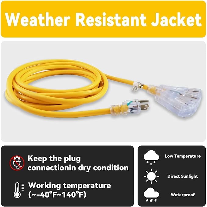 EP 15 Ft 12 Gauge Heavy Duty Extension Cord, 15A 125V 1875W, 3 Outlet Indoor/Outdoor Power Cord with Lighted End, 12/3 SJTW Weatherproof Yellow, UL Listed