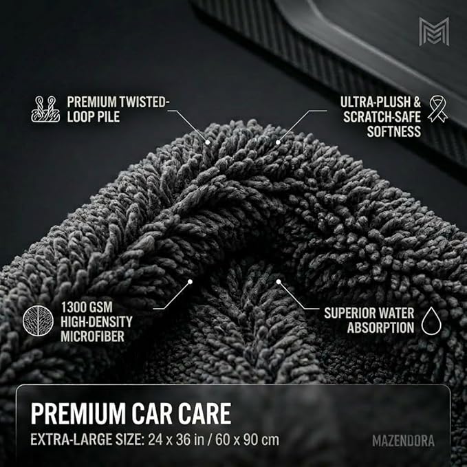 1300 GSM Twisted Loop Microfiber Car Drying Towel, XL 24x36 Inch, Edgeless, Ultra Absorbent, Lint Free & Scratch Safe Detailing Drying Cloth for Cars, Trucks & SUVs