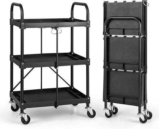 Goplus Folding Utility Cart on Wheels, 250lbs 3-Tier Rolling Tool Cart w/Lockable Casters & Compartments, Fast Fold up Collapsible Metal Service Cart for Office, Garage, Kitchen, Black