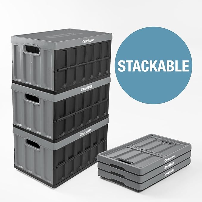 CleverMade Collapsible Storage Bins with Lids (62L, 3 Pack) – Heavy Duty Foldable Plastic Storage Crates for Garage, Closet & Trunk Organization - Ocean