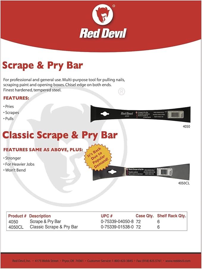 Red Devil 4050CL Classic Scrape & Pry Bar - Heavy-Duty Multi-Purpose Tool, Hardened Steel Construction, Dual Chisel Edges, Pack of 6