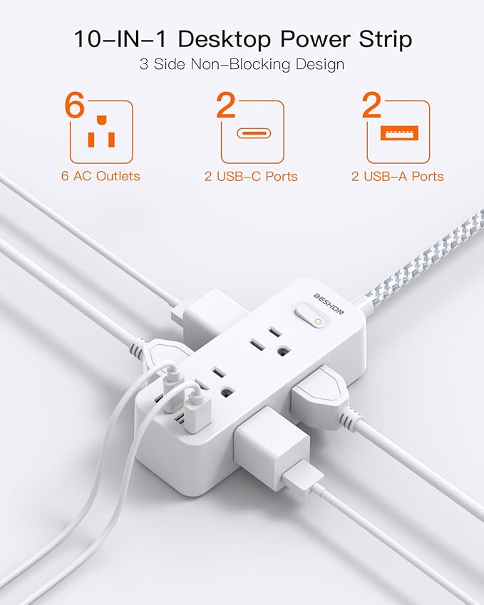 10 FT Extension Cord, Surge Protector Power Strip with 6 Widely AC Outlets 4 USB Ports(2 USB C),3-Side Outlet Extender, Flat Plug, Wall Mount for Home, Office,Travel and Dorm Essential