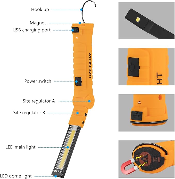 Lmaytech 4 Pack Rechargeable LED Work Lights with Magnetic Base and 360° Rotation, 5 Modes for BBQ, Camping, Reading, and Car Repair