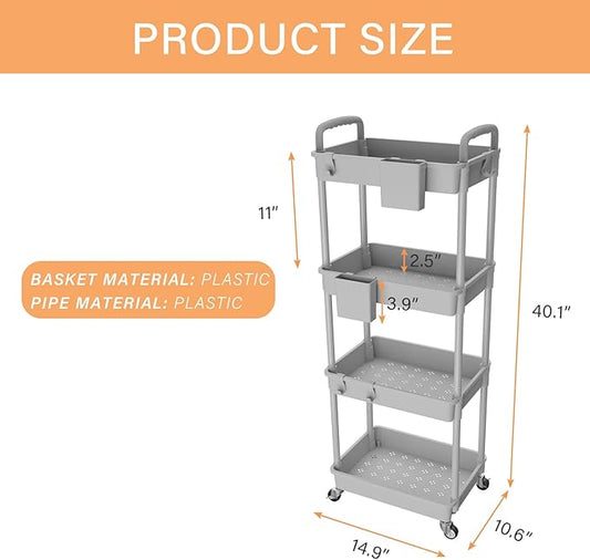 4 Tier Rolling Utility Cart with Handle,REBECAT Utility Cart Made of Multifunctional Storage Organizer Tool for Kitchen,Bathroom,Living Room,Office(Gray)