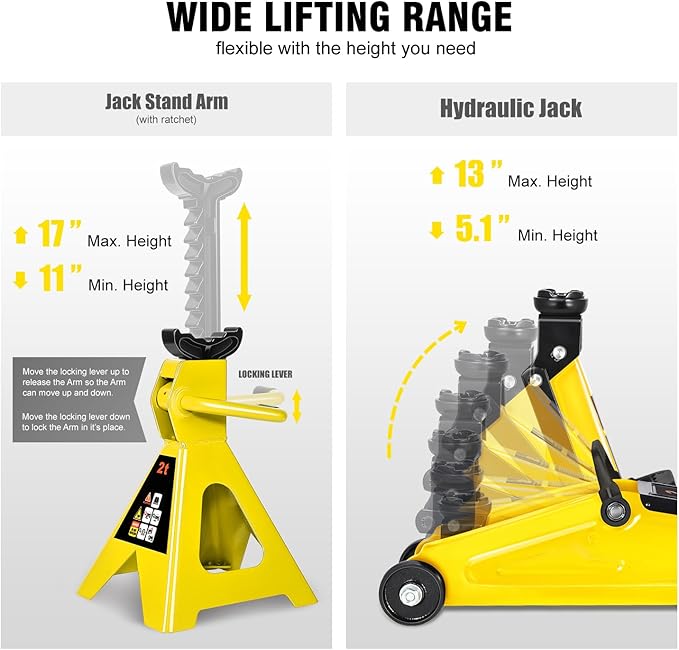 DNA Motoring 2 Ton Car Jack and Stands Kit 2T(4000 lbs) Capacity Low Profile Hydraulic Trolley Service/Floor Jack with 2 Ratchet Stands Combo for Home Garage Shop, Yellow, TOOLS-00476-YL