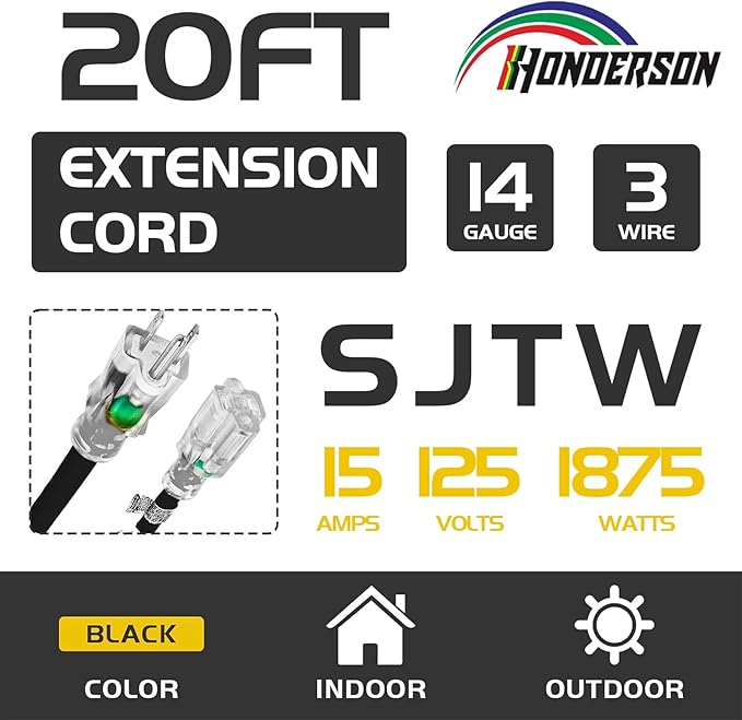 Indoor Outdoor Extension Cord Weatherproof with Lighted End, UL Certified, 14 Gauge 20FT Black 3 Prong Heavy Duty, 14/3 SJTW 15A Power Cord for Outdoor Lights, Lawn