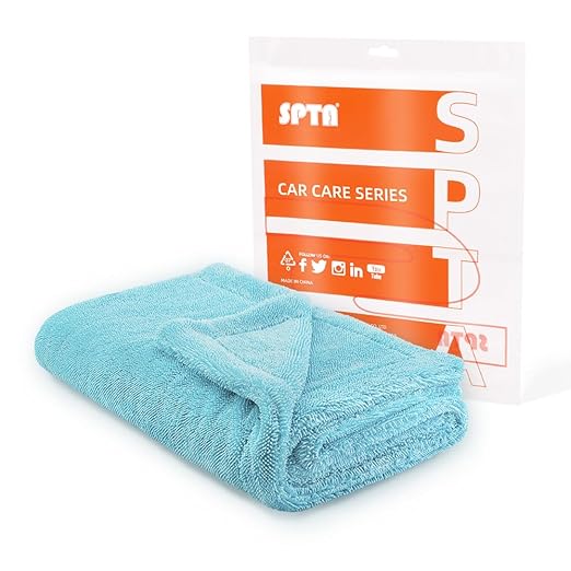 SPTA The Liquid8r - Absorbent 70/30 Blend Microfiber Drying Towel for Cars, Trucks, SUVs, Safe for Detailing + Scratch Free, Twist Loop, 1100gsm, 26.8in x 36.2in, Aqua Blue-MT037