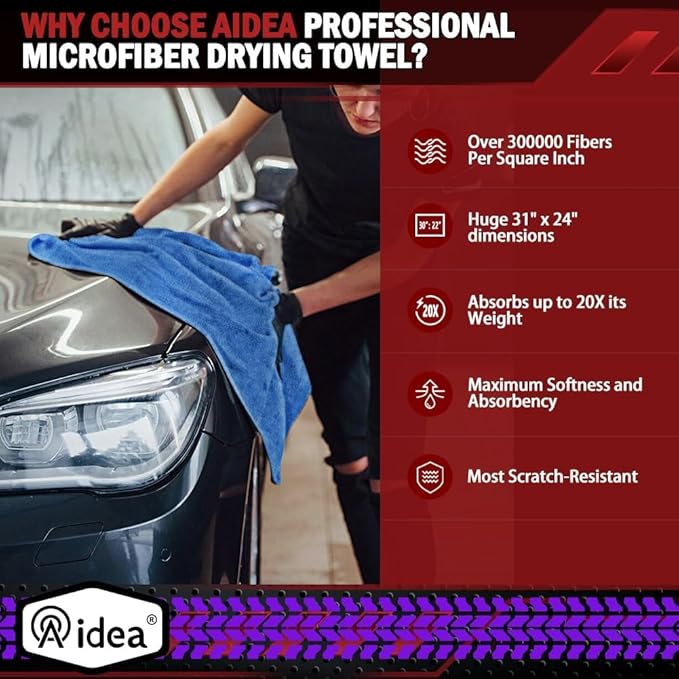AIDEA Microfiber Towels for Cars-2PK, Large Professional Car Drying Towel, Scratch-Free & Absorbent Drying Towel for Cars, SUVs, RVs, Trucks, and Boats, 24inx 31in, Blue (Pack of 2)
