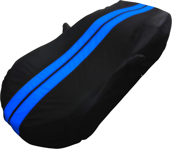 SR1 Performance USA C7 Corvette Car Cover - Custom Fit Indoor/Outdoor UV & Rain Protection - Ultraguard 300 Denier High End for 2014-2019 Stingray, Z51, Z06, Grand Sport (Black with Blue Stripes)