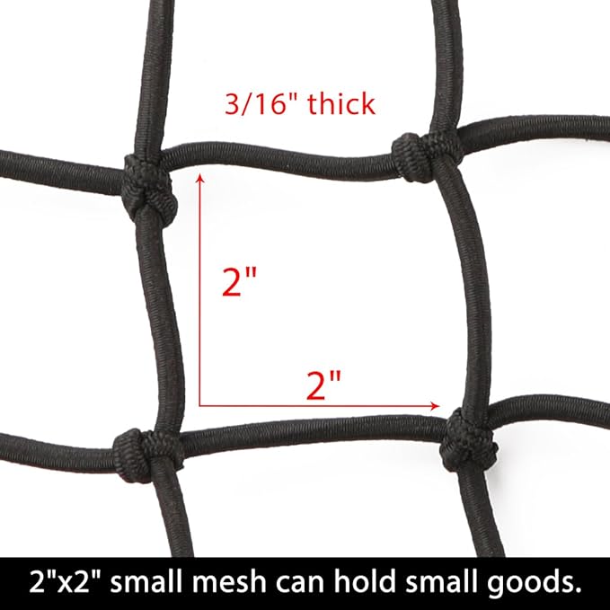 CZC AUTO Black Latex Bungee Cargo Net, Strech to 44"x76" Luggage Netting with 2"X2" Small Mesh, 12 Adjustable Plastic Hooks for Rooftop Cargo Carrier Roof Rail Rack Hitch Basket SUV, 22"x38", 2 Pack