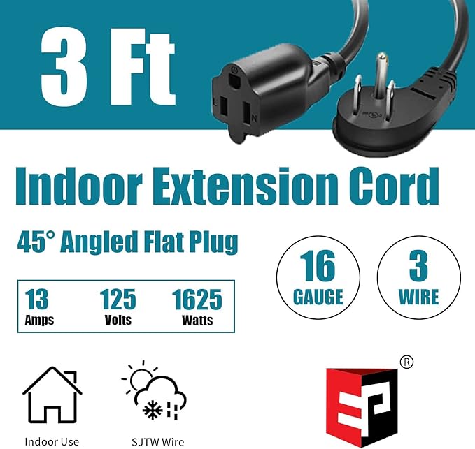 EP 2 Pack 3 Ft Flat Plug Extension Cord, 16 AWG 3 Prong Grounded Black Low Profile Extension Cable for Indoor