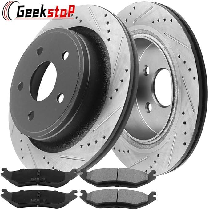 Rear Brake Pads and Rotors Kit for 2005-2010 Dodge Ram 1500, 2011-2018 Ram 1500, 2004-2009 Dodge Durango, 2007-2009 Chrysler Aspen Ceramic Brake Pads Drilled and Slotted E-Coating Disc Brake Rotors