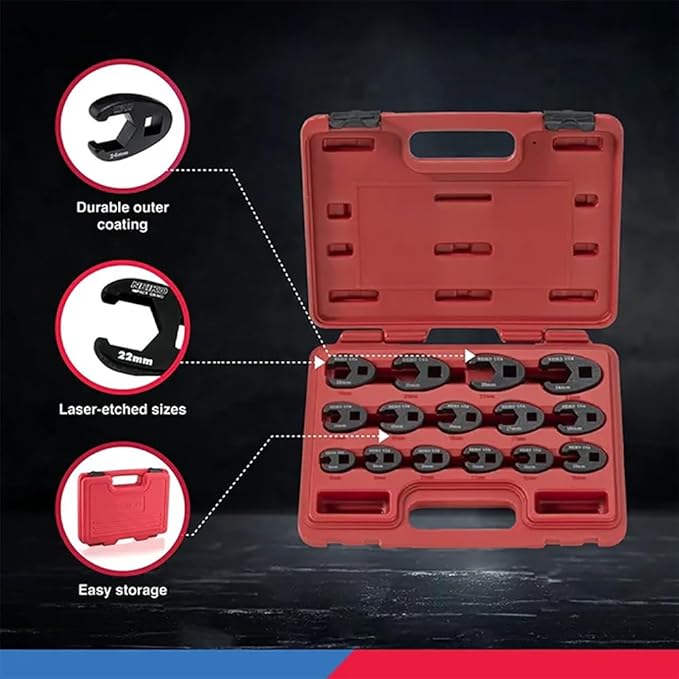 Neiko 03324A Crowfoot Wrench Set 1/2" and 3/8” Drive, 15 Piece, Metric Crows Foot Wrench Sizes 8mm-24mm, Chrome-Moly Flare Nut Wrench Set