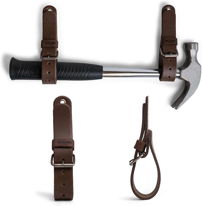 Leather Wall Hanging Straps, Set of 2, Buckle Closure for Axes, Hatchets & Tools, Heavy Duty Tool Hangers, Garage Storage Organization, Axe Mount Holders, Organizer Hooks