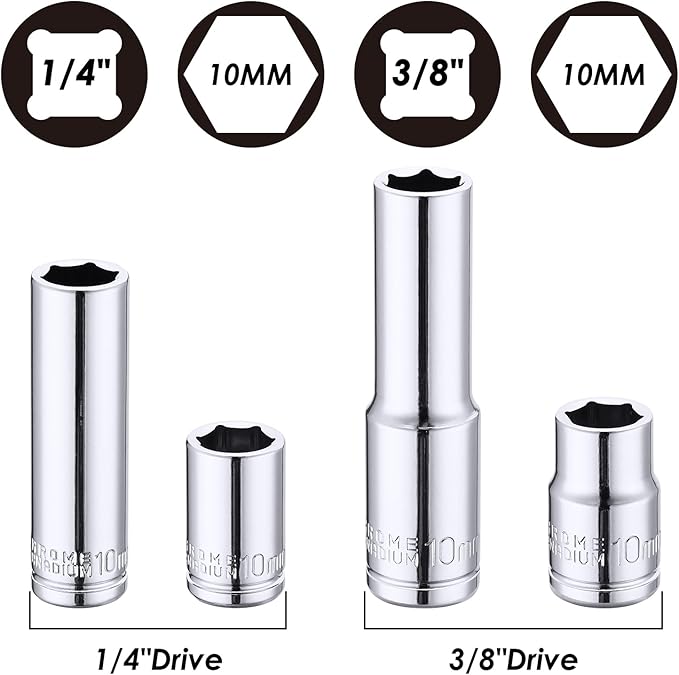 MIXPOWER 4PCS 1/4"& 3/8" Drive 10mm Deep&Shallow Socket Set, 6 Point, Cr-V Steel, Mirror Finish
