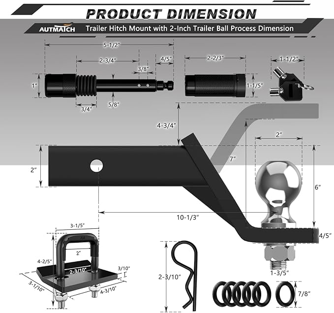 AUTMATCH Trailer Hitch Ball Mount with 2 Inch Hitch Ball - Fits 2" Receiver with Hitch Tightener, 8000Lbs Capacity Ball Hitch, 6-Inch Drop with 5/8" Hitch Lock Pin, Black