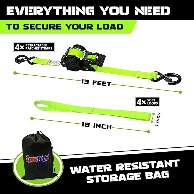 Retractable Ratchet Straps (2-Pack) - Heavy Duty Auto Slow Retraction Tie Down Straps - 1 Inch x 13 Feet (1,800lb Break Strength) for Truck, Cargo Trailer, Motorcycle, ATV, UTV - Green