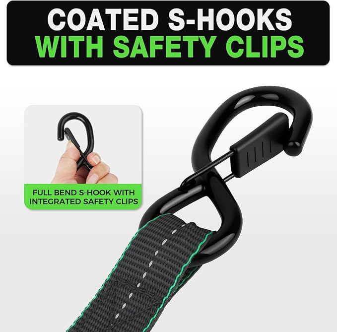 Retractable Ratchet Straps (4 Pack) -(1,500lb Break Strength) -1 Inch x 12 Feet Heavy Duty Auto Self Retracting Tie Down Straps (Black-Green)