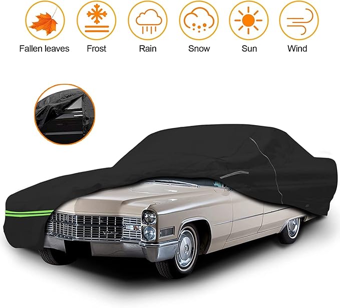 Waterproof Car Cover Replace for Cadillac DeVille 1964-1984 Sedan Coupe, 210T All Weather Car Covers with Zipper Door for Snow Rain Dust Hail Protection